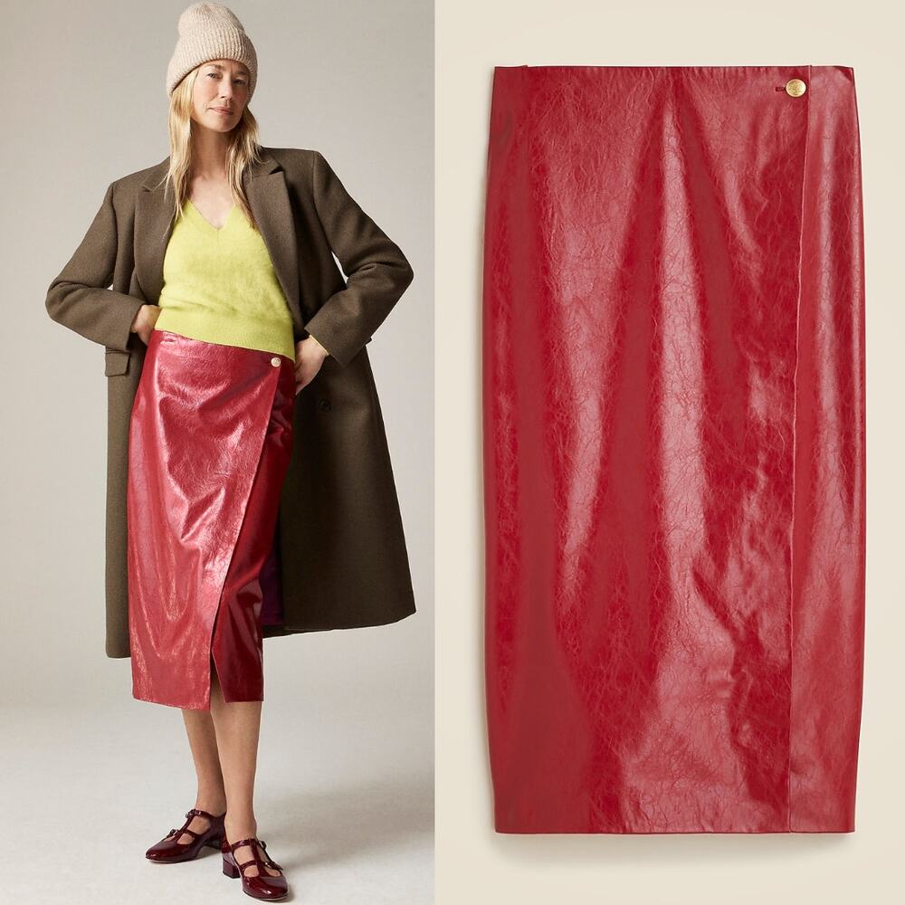 NEW J.Crew Collection Wrap Midi Skirt Faux Patent Leather Sangria Red Size 0 XS